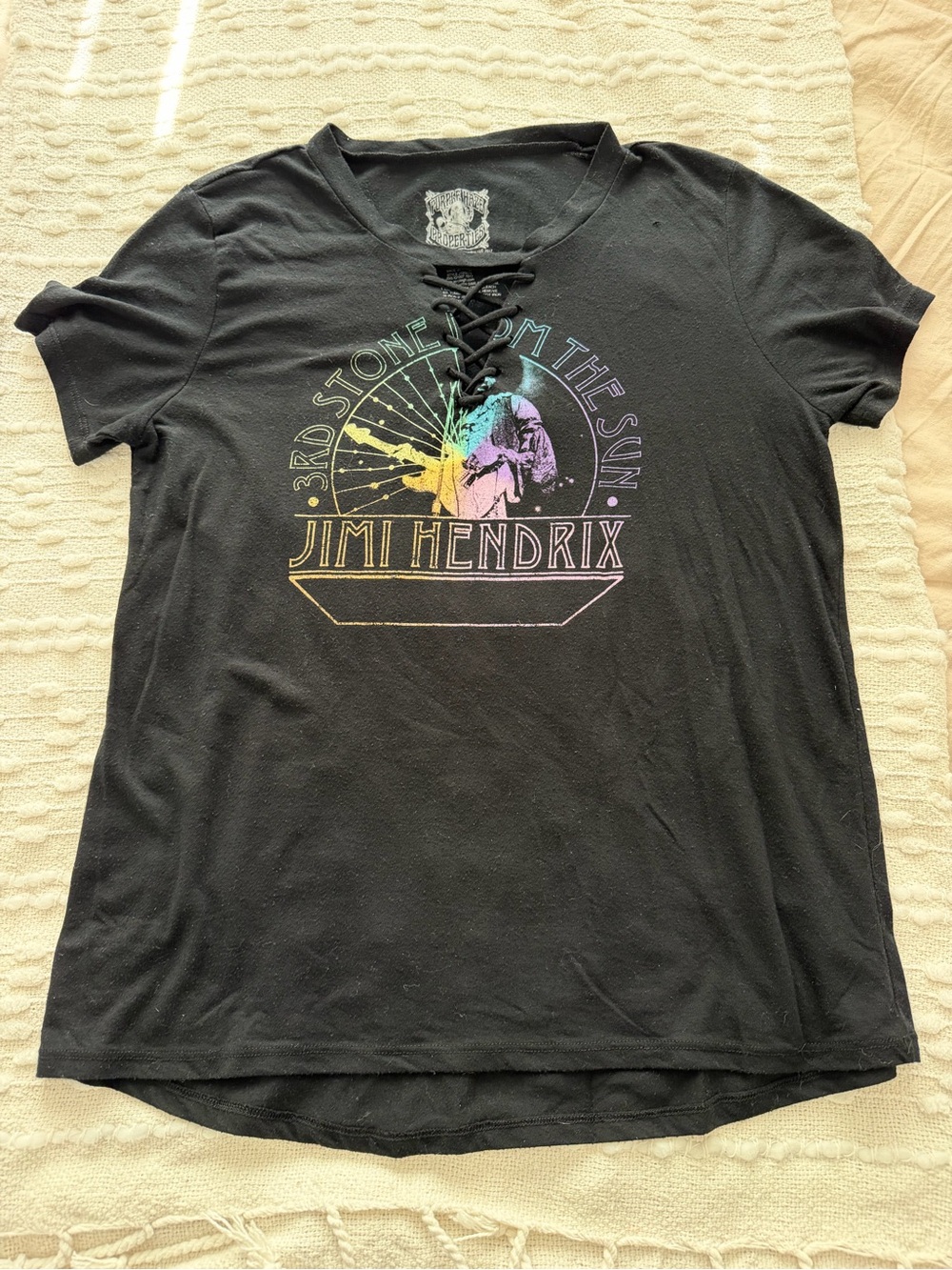 Jimi Hendrix Lace-Up Graphic Tee - Black with Rainbow Print
